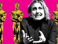 A photo illustration of Greta Gerwig frowning next to Oscar statues