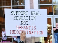 Students and others attend a Walkout To Learn rally to protest Florida education policies outside Orlando City Hall on April 21, 2023 in Orlando, Florida.