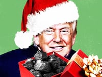 Donald Trump with a gift box full of coal.