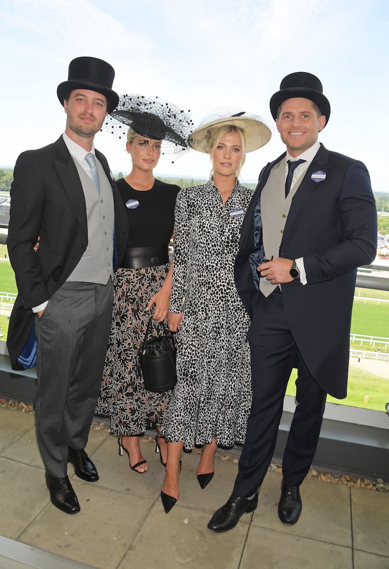 Channing Millerd, Lady Eliza Spencer, Lady Amelia Spencer, and Greg Mallett attend Royal Ascot 2022 on June 15, 2022, in Ascot, England.
