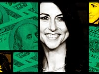 A photo illustration showing grids of money and MacKenzie Scott
