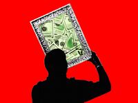 A photo illustration of a person stealing a framed pile of money
