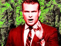 A photo illustration of Defense Secretary Pete Hegseth and U.S. service members.