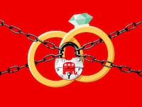 A photo of two wedding rings chained together with a GOP logo.