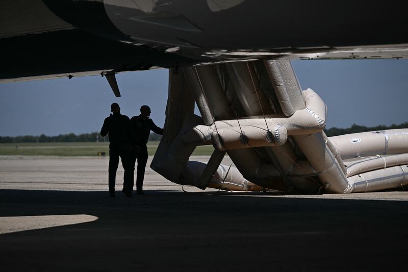 The emergency slide of the new Air Force One is deployed ahead of US President Donald Trump's departure for the Republican National Committee (RNC) midterm convention, at Joint Base Andrews in Maryland on September 9, 2026.