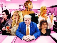 A photo illustration of Donald Trump in court surrounded by Real Housewives