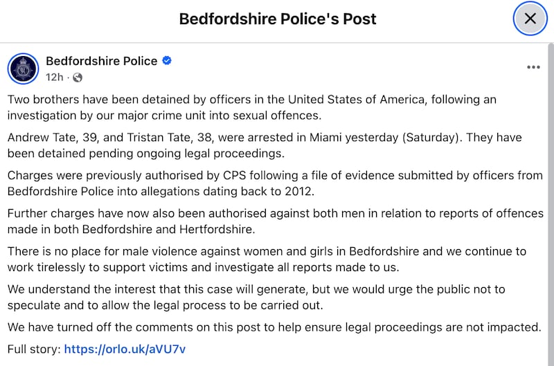 The British police agency released a statement on Saturday after the brothers were detained. Previously, Bedfordshire Police came under fire for the years it took to bring charges against the brothers.