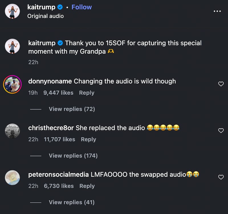 The top comments on Kai Trump’s post were filled with accusations that she altered the audio before posting.
