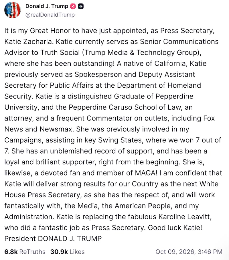 Trump announces Zacharia as his pick to replace Karoline Leavitt.