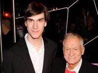 Marston Hefner (L) and his father, Playboy founder Hugh Hefner, celebrate their birthdays with a cake at the Moon nightclub at the Palms Casino Resort April 9, 2011 in Las Vegas, Nevada. Marston Hefner turned 21 and Hugh Hefner turned 85.