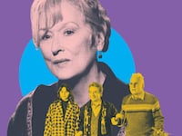 A photo illustration of Meryl Streep, Selena Gomez, Martin Short and Steve Martin on a purple background