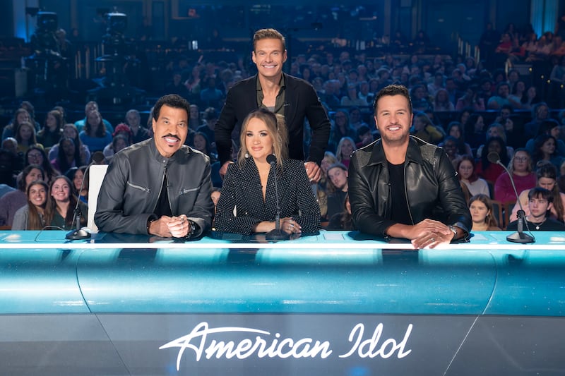 Pictured here in AMERICAN IDOL - "905 (Hollywood Week In Music City - Part 1)" - For the first time, Idol is bringing Hollywood Week to Music City as hopefuls take the stage for a make-or-break performance and face the biggest Hollywood Week cut in Idol history. MONDAY, FEB. 23(8:00-10:00 p.m. EST) on ABC. (Disney/Connie Chornuk)
LIONEL RICHIE, CARRIE UNDERWOOD, RYAN SEACREST, LUKE BRYAN (Photo by Connie Chornuk/Disney via Getty Images)
