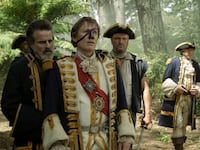 A still from Season 2 final showing Con O’Neill, Erroll Shand, Matthew Maher and Rhys Darby in Our Flag Means Death.