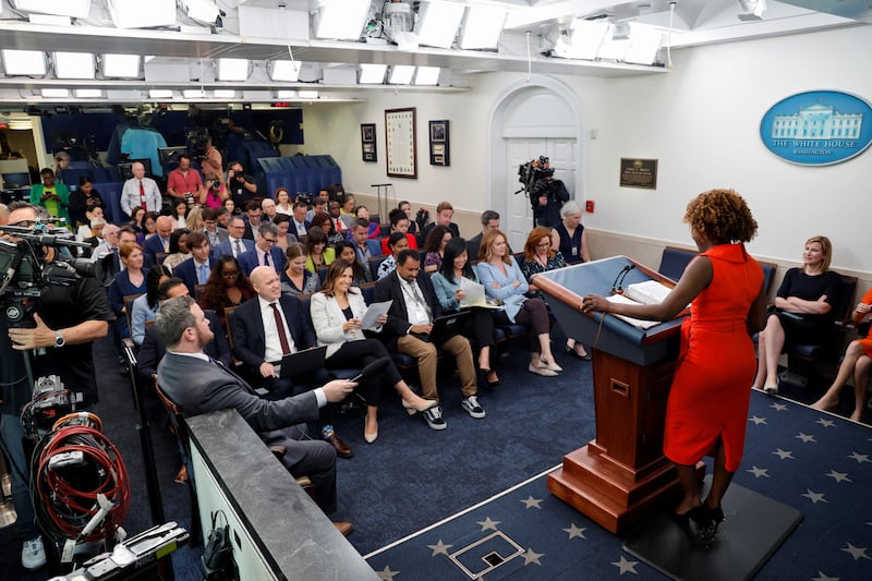 U.S. White House Press Secretary Karine Jean-Pierre holds the daily press briefing in a newly refurbished briefing room at the White House in Washington, U.S. July 24, 2023.