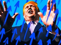 A photo illustration of Trump with blue arrows for the blue wave.