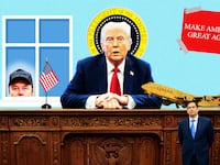 Donald Trump behind resolute desk, elon lookin in from window illustration