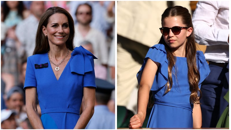Kate Middleton and her daughter, Princess Charlotte, wear similar powder-blue dresses at Wimbledon in 2025 and 2026.
