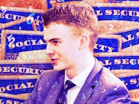 A photo illustration of Edward “Big Balls” Coristine on a background of Social Security cards and floating numbers.