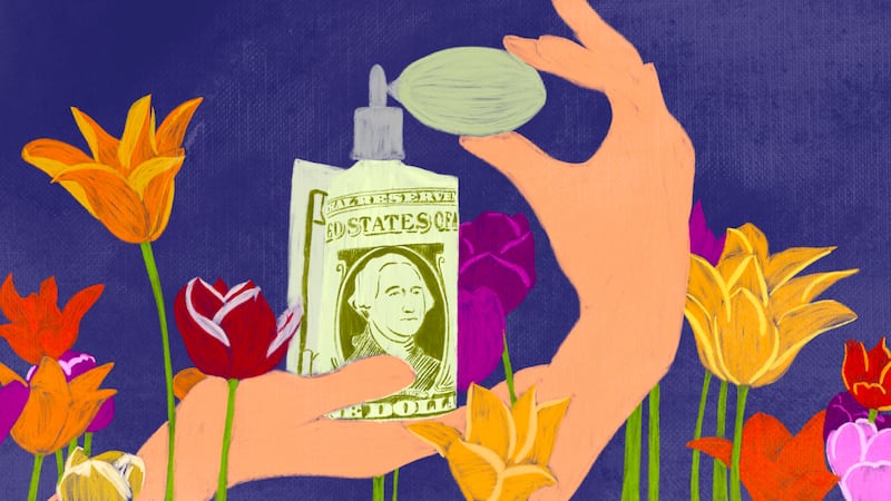 Illustration of flowers and a person spraying a bottle of perfume made out of a dollar bill