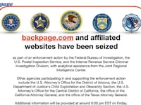 An image of the current homepage of the website backpage.com shows logos of U.S. law enforcement agencies after they seized the sex marketplace site April 6, 2018.