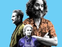 A photo illustration of Jason Mantzoukas, Jay Duplass, and Megan Mullaly in ‘Percy Jackson’