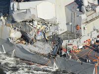 Photo taken in June 2017 shows the U.S. Navy destroyer Fitzgerald after a fatal collision with a Filipino container ship off the Japan coast.