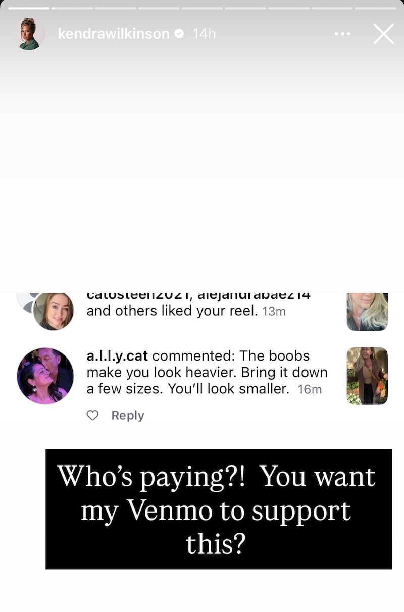 Kendra Wilkinson replied to commenters on her Instagram stories.