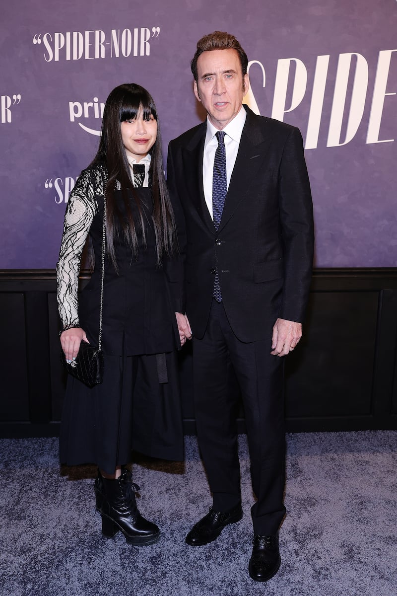 Riko Shibata and Nicolas Cage are pictured together as they attend Prime Video’s “Spider-Noir” world in 2026.