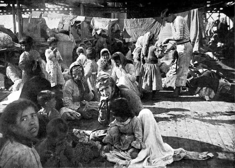 An encampment of Armenian refugees on the deck of a French cruiser that rescued them in 1915.