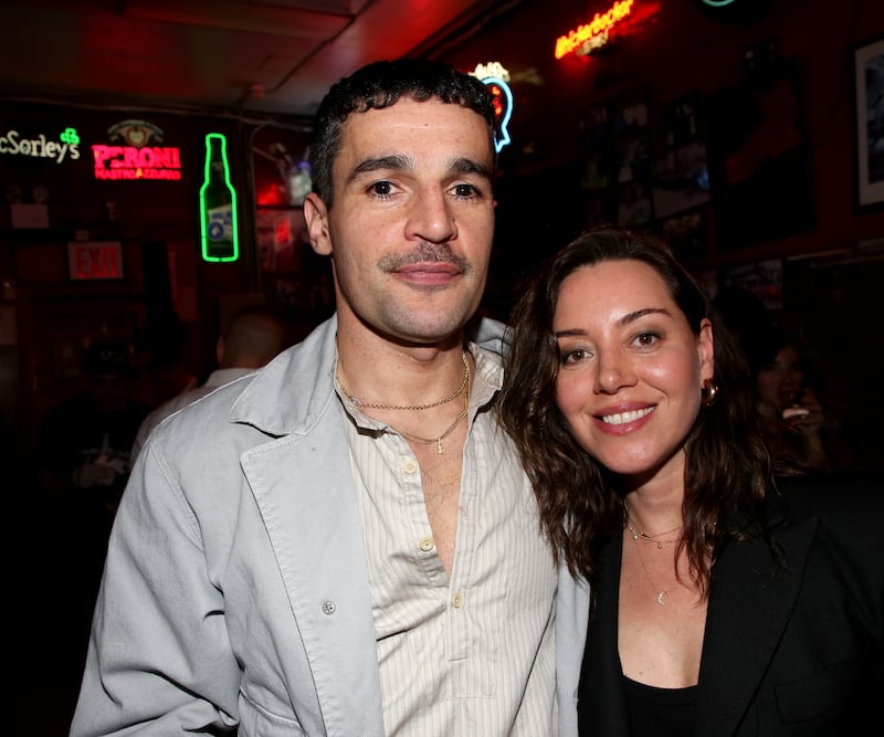 Christopher Abbott and Aubrey Plaza pose at the opening night after party for the new revival of Arthur Miller's "Death of a Salesman" on Broadway at Katz's Deli on April 9, 2026 in New York City.