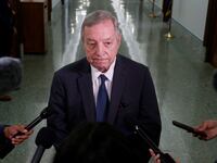 Dick Durbin (D-IL) speaks to reporters outside a hearing on federal judge nominations