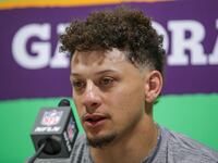 Patrick Mahomes #15 of the Kansas City Chiefs speaks to the media during a press conference after losing to the Philadelphia Eagles 40-22 in Super Bowl LIX at Caesars Superdome on February 09, 2025 in New Orleans, Louisiana.