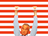 RFK Jr. and Sean Duffy doing pull ups on a red and white stripe background