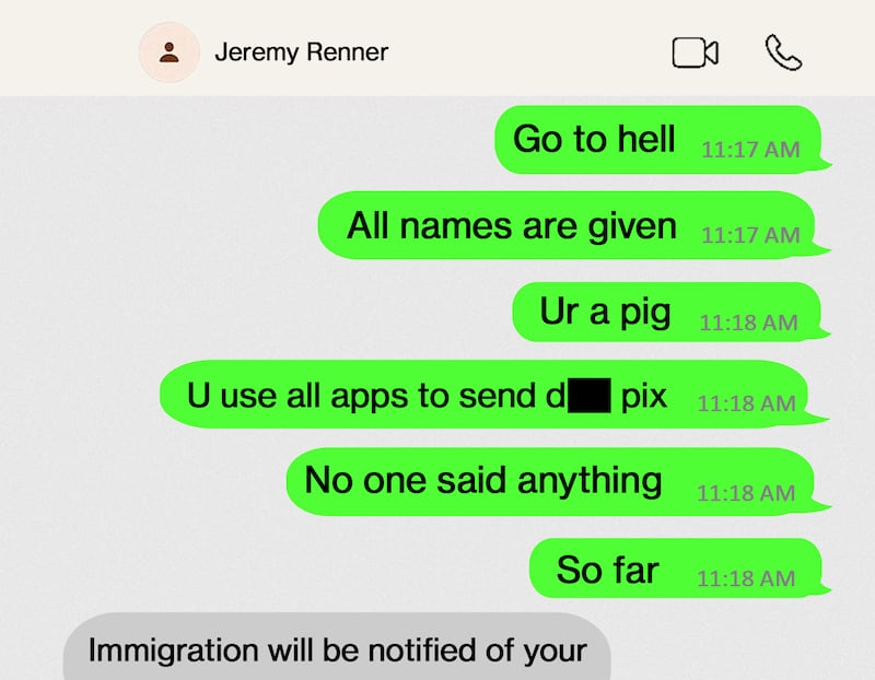 A recreation of text messages exchanged between Chinese filmmaker Yi Zhou and Jeremy Renner.