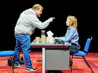 A photo including James Corden and Anna Maxwell Martin in 'The Constituent' at The Old Vic