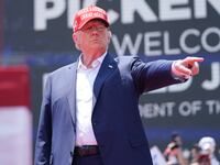 Former U.S. President Donald Trump gestures to the crowd at a campaign event on July 1, 2023 in Pickens, South Carolina. Trump recently accused Biden of being the owner of the white powder, believed to be cocaine, found in the White House.