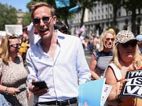 Laurence Fox takes part in an anti-lockdown and anti-vaccine demonstration, near parliament, London, Britain, June 14, 2021.