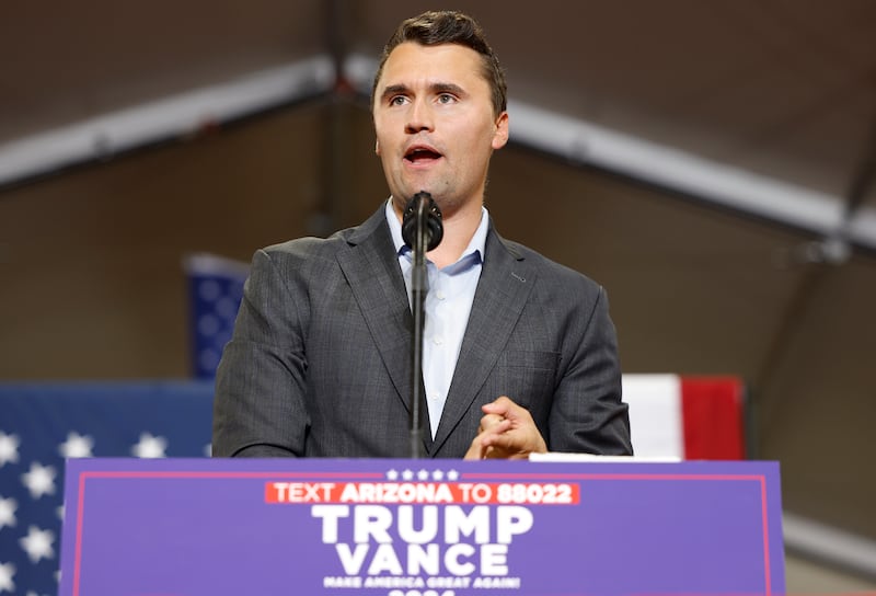 Charlie Kirk speaks at a campaign rally at Arizona Christian University on July 31, 2024 in Glendale, Arizona.