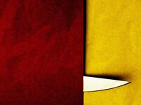 An illustration that includes photos of a Knife and the color Red and Yellow.