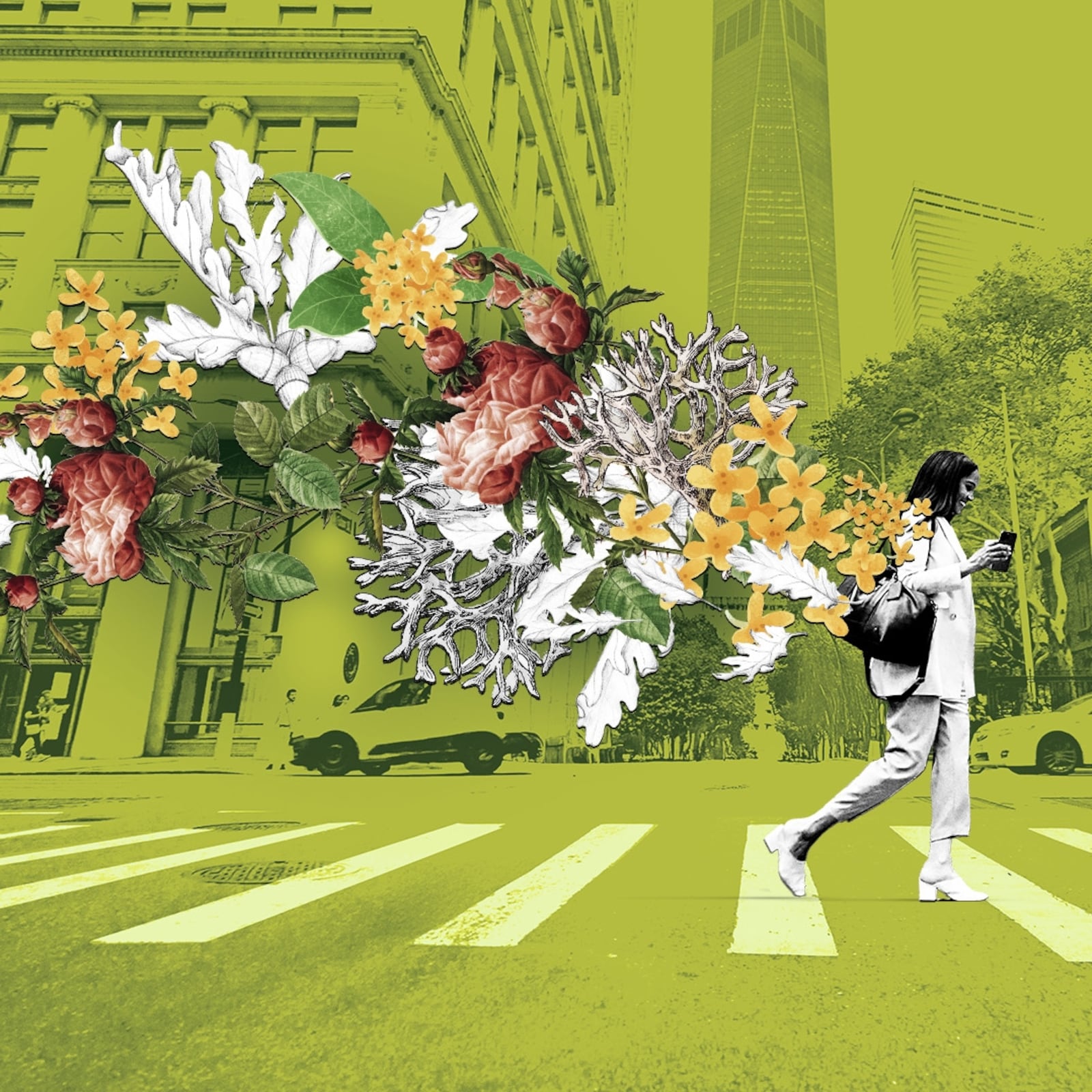 A woman's perfume lingers in the air as she walks down the street.