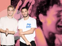 A photo illustration featuring Talk to Me directors Michael and Danny Philippou.