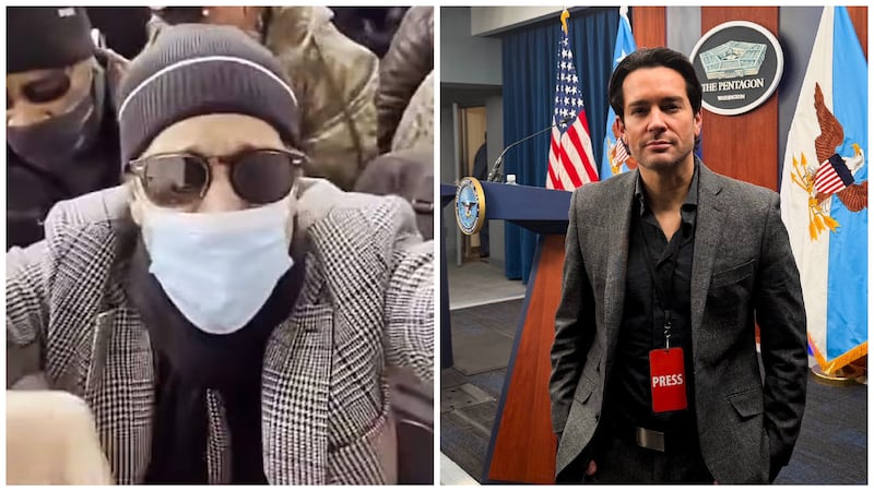 Brandon Straka during the Capitol riot (L) and at the Pentagon for Hegseth's Iran briefing (R).