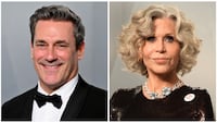 Jon Hamm and Jane Fonda at the 2026 Oscars Party hosted by Vanity Fair.