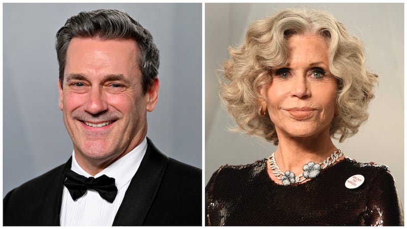 Jon Hamm and Jane Fonda at the 2026 Oscars Party hosted by Vanity Fair.