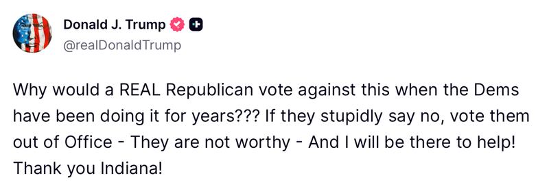 Donald Trump posts about Indiana on Truth Social.