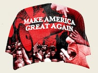 Photo illustrative collage of a MAGA hat made up of photographs of people angry and yelling