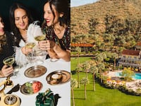 Two photos of child-free getaway spots, including Veil & Velvet at the Four Seasons Los Angeles and Castle Hot Springs in Arizona.