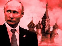 An illustration including a photo of Putin and The Moscow Kremlin covered in smoke