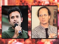 A photo illustration of Vivek Ramaswamy and Ramaswamy's former teacher Michael Pogue.