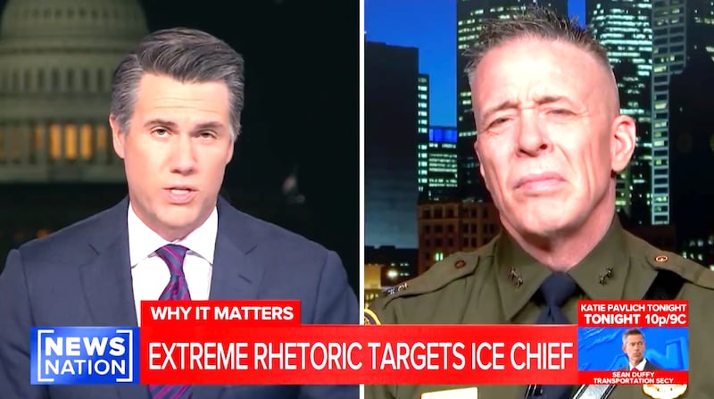 Gregory Bovino looks grim-faced as NewsNation host Leland Vittert tees up the Newsom clip.